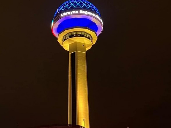 Famous symbols of Turkey illuminated with colors of the National Flag of Ukraine