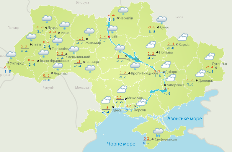 خارطة درجات الحرارة في جميع مدن اوكرانيا