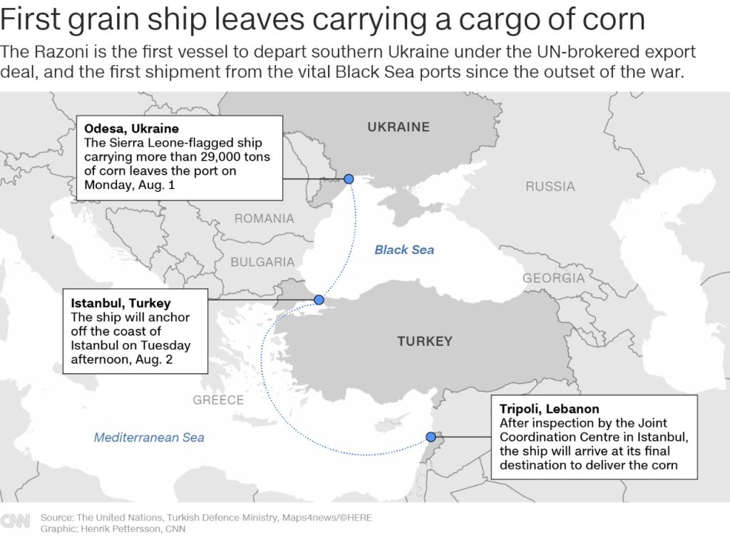 سفينة حبوب تغادر ميناء اوكراني رئيسي لأول مرة منذ الأيام الأولى من الحرب